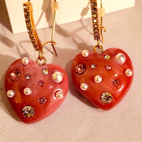 New Betsey Johnson Stone Heart Dangle Earrings - Picture 5 of 15